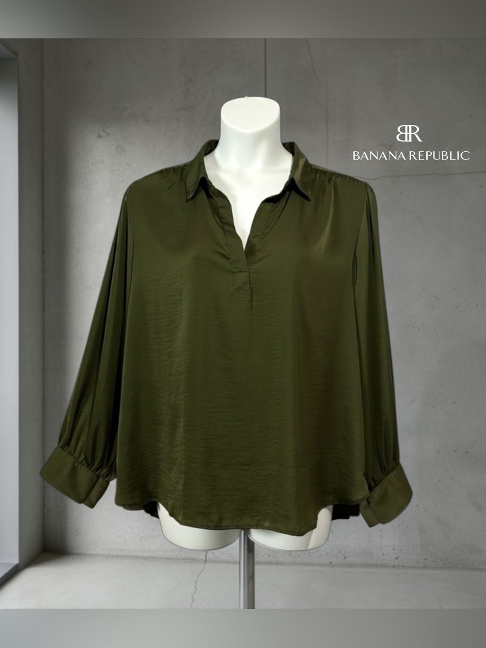 Banana Republic, Satin Blouse, XXL Plus Size, Olive Green Long Sleeve